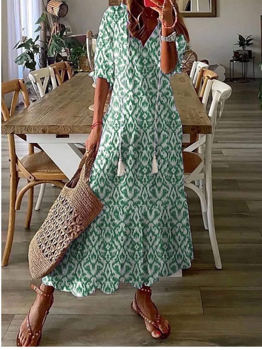 Casual Green Ikat Maxi Dress with Tassel Tie